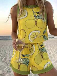 MAQE  2 piezas Conjunto de pantalones cortos sin mangas con estampado de limón, uso diario casual, conjunto de vacaciones que elevan el ánimo para mujeres - Amarillo - Ver 4