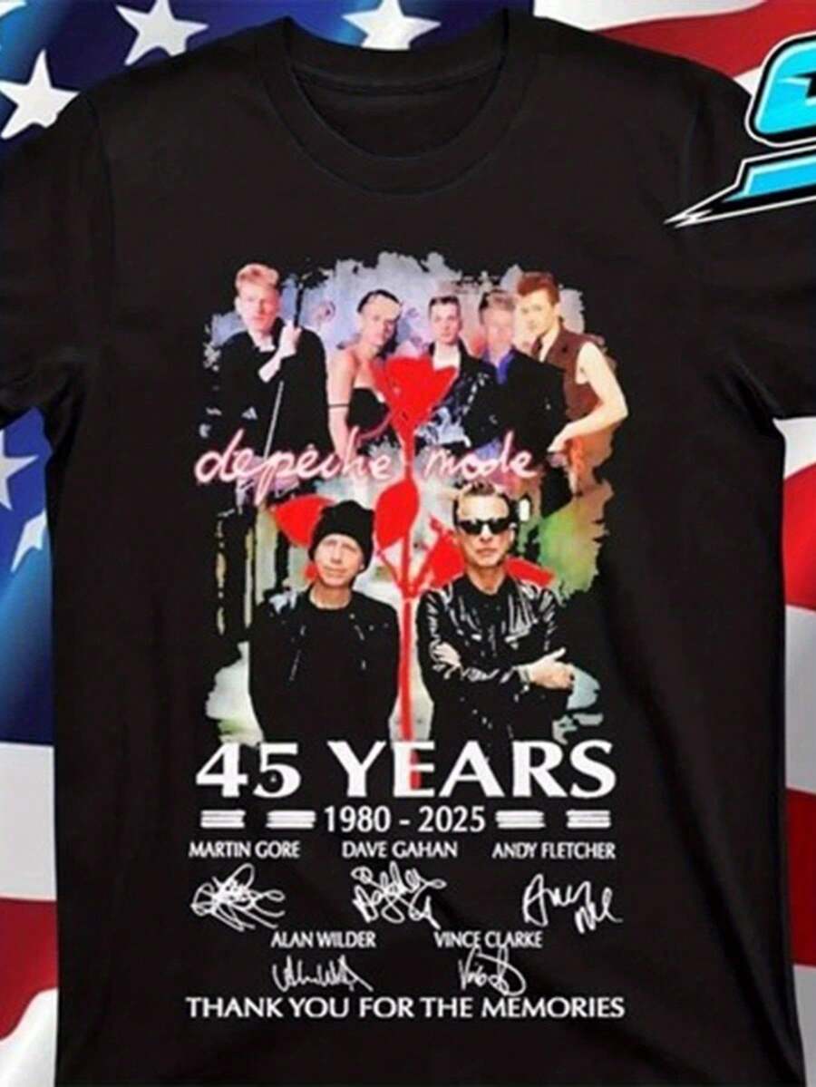 Deeche Mode Men's 45th Anniversary 1980-2025 T-Shirt, Vintage Graphic Tee - Music Collectible With Member Autographs, Casual Crew Neck T-Shirt For Concerts And Everyday Wear, Suitable For All Seasons (Officially Inspired Collectible). Loose And Comfortable For Summer. - Black - View 1