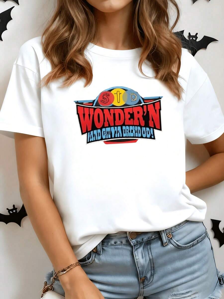 Colorful Graphic With Large Red And Blue Lettering That Evokes Positive Energy And An Adventurous Spirit, Inspiring Confidence And Dynamism. Modern Casual Women's T-Shirt Ideal For Everyday Wear. - 白色 - 查看 1