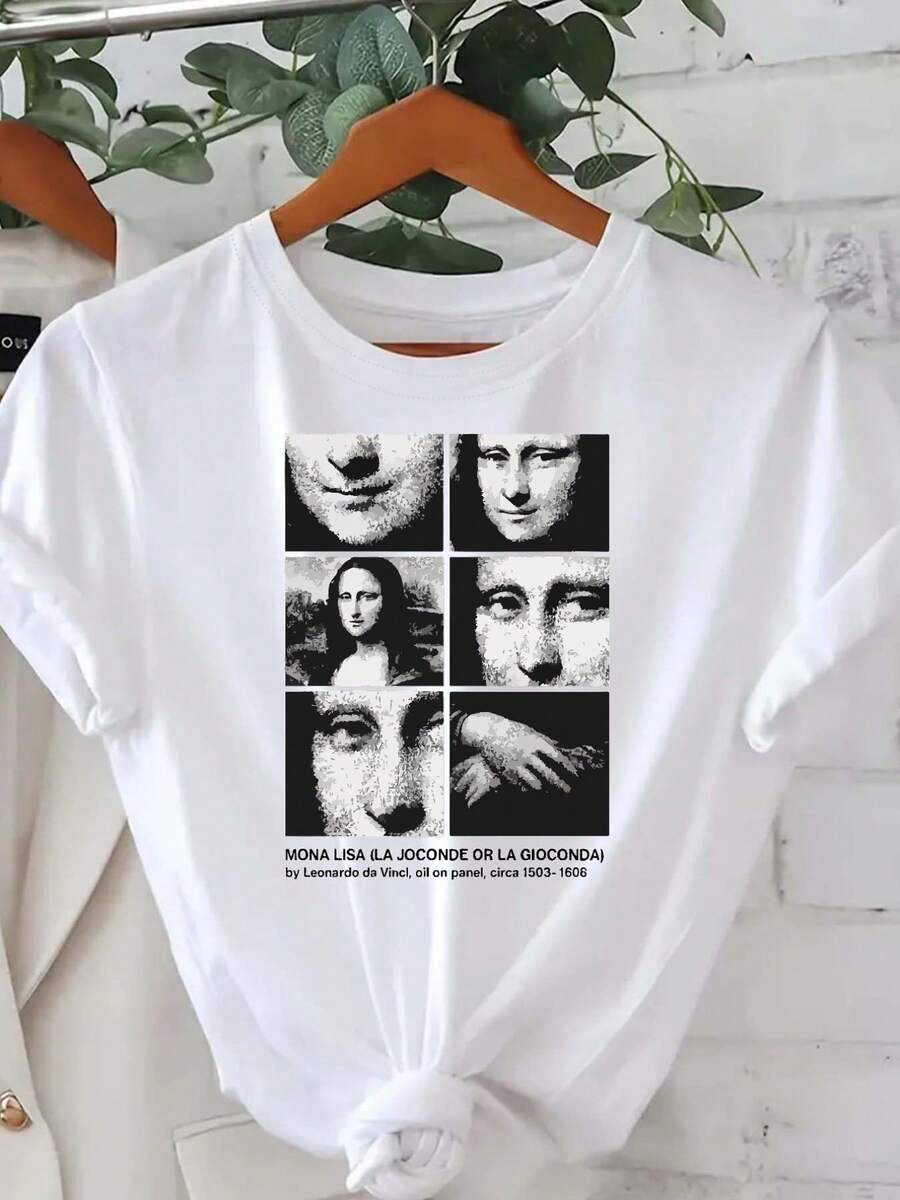 Camiseta con estampado artístico de la Mona Lisa de Leonardo da Vinci, diseño simple en blanco y negro, pintura vintage, manga corta, informal, versátil, para parejas, regalo creativo para amantes del arte. - Blanco - Ver 1