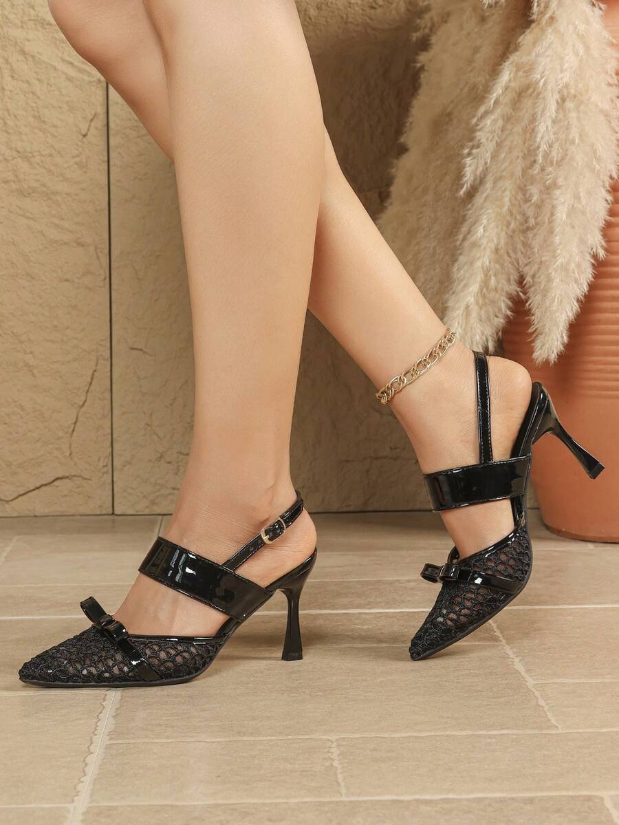 Lace Bow Pointed Toe High Heel Pumps, French Style Commuting Slip-On Shoes For Women - Black - View 1