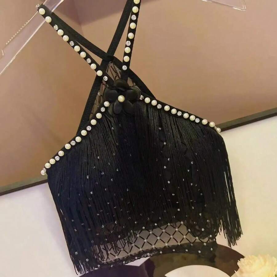 Top halter decorativo con copas acolchadas, borla larga, diamante brillante de perlas, estilo millenario retro, cabestro sexy - Negro - Ver 1