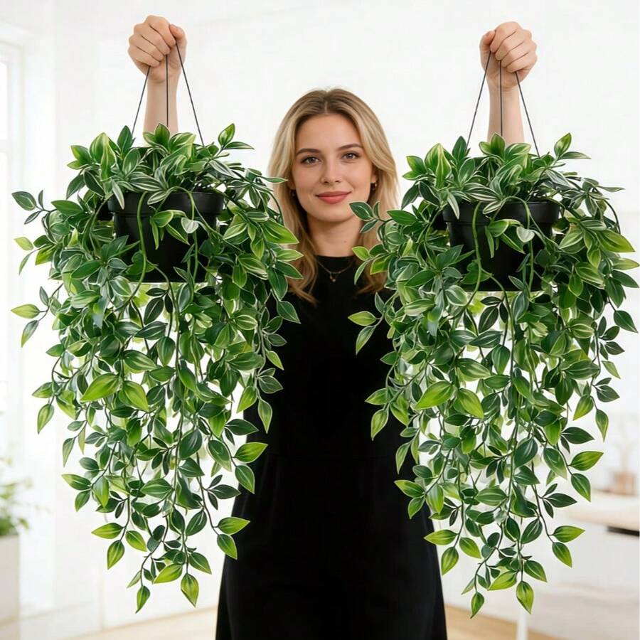 Large Realistic Hanging Potted Green Plant, Lifelike Mandevilla Leaves, Suitable For Home Living Room, Office, Bathroom, Multi-Functional Room Decor, Shelving Accent, Wedding & Birthday Decoration, Spring Greenery Decor - Green - View 1
