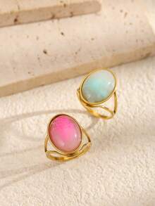 2pcs Stainless Steel Gold-Tone Rings With Embedded Light Blue And Pink Gemstones, Exaggerated Decorative Rings For Women - Yellow Gold - View 22