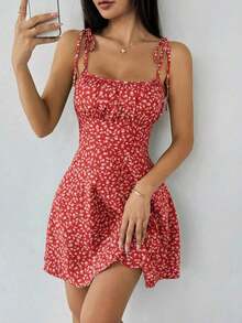 Vestido mini con tirantes de espagueti y estampado floral ditsy con lazo - Rojo 2 - Ver 7