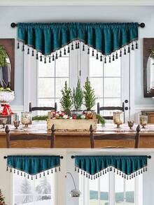 1pc Peacock Blue Curtain, Vintage Chenille V-Shaped Tassel Valance, Suitable For Window And Door Decor - Peacock Blue-v - View 1