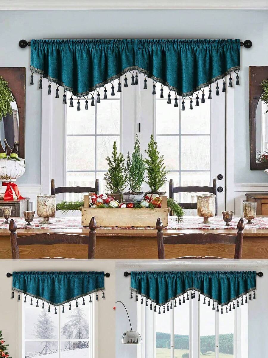 1pc Peacock Blue Curtain, Vintage Chenille V-Shaped Tassel Valance, Suitable For Window And Door Decor - Peacock Blue-v - View 1