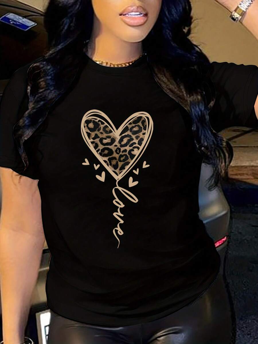 Camiseta de algodón de manga corta para mujer con estampado de corazón, camiseta de manga corta con cuello redondo, top casual para verano y primavera, ropa de mujer. - Negro - Ver 1