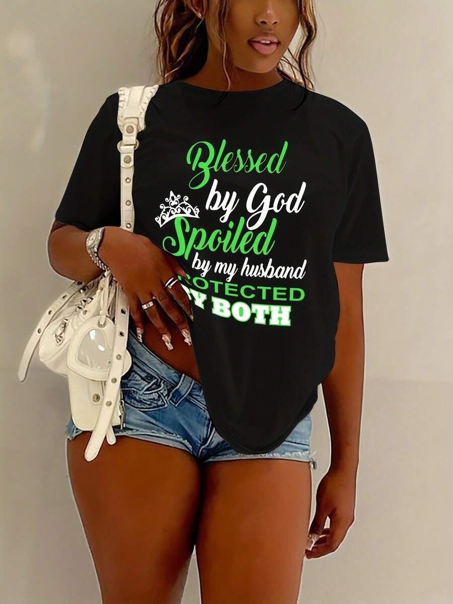 Camiseta gráfica casual para mujeres - Estampa Bendecida por Dios, Malcriada por mi esposo, manga corta, cuello redondo, camiseta de verano en blanco - Negro - Ver 1