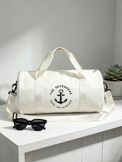 Nautical Anchor Print Cylinder Travel Bag, Large Capacity Water-Resistant Duffel Bag, Hand & Crossbody For Vacation