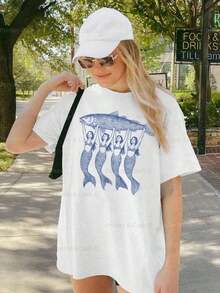 Women's 100% Cotton T-Shirts 2026 Sardine Mermaid T-Shirt Sardine Graphic T-Shirt Coastal Aesthetic Canned Fish T-Shirt Italian Summer Clothing Funny Oversized T-Shirt Bachelorette Party T-Shirt - White - View 2