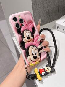 Disney Mickey Mouse Clubhouse Phone Case : 3D Fluffy Pattern Border Protector Phone Soft Phone Case With A Free Cute Mickey Bracelet Chain Lanyard, Mickey, Minnie, Goofy, Donald Duck, Daisy Duck, Pluto, For Apple 17 Promax 17 Pro 16 15 14 13 12 11 Pro Max XS Max X XR Soft Cover Summer Phone Case - White - View 4