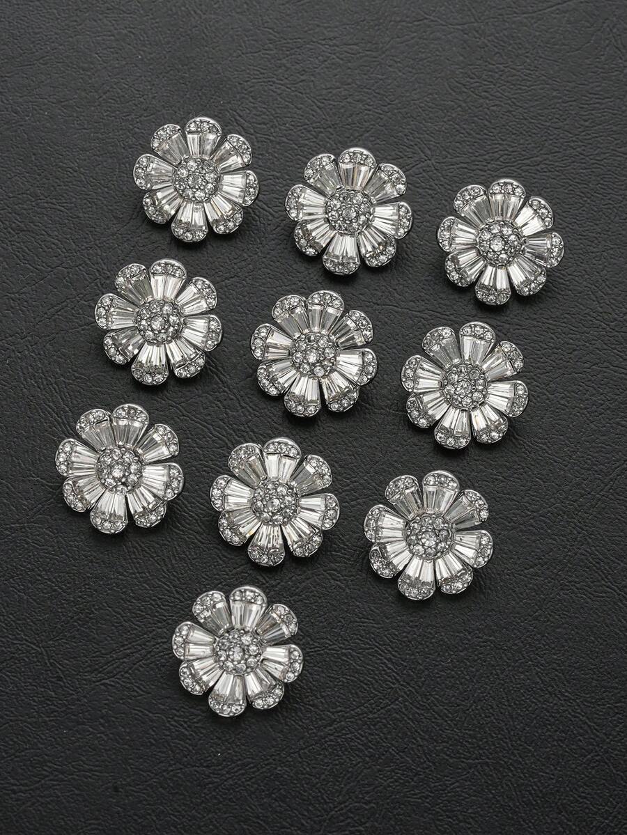 3 piezas Botones metálicos con flores y rhinestones, en tono plateado/dorado, botones decorativos de cristal para abrigos, blazers, vestidos de boda, accesorios de costura