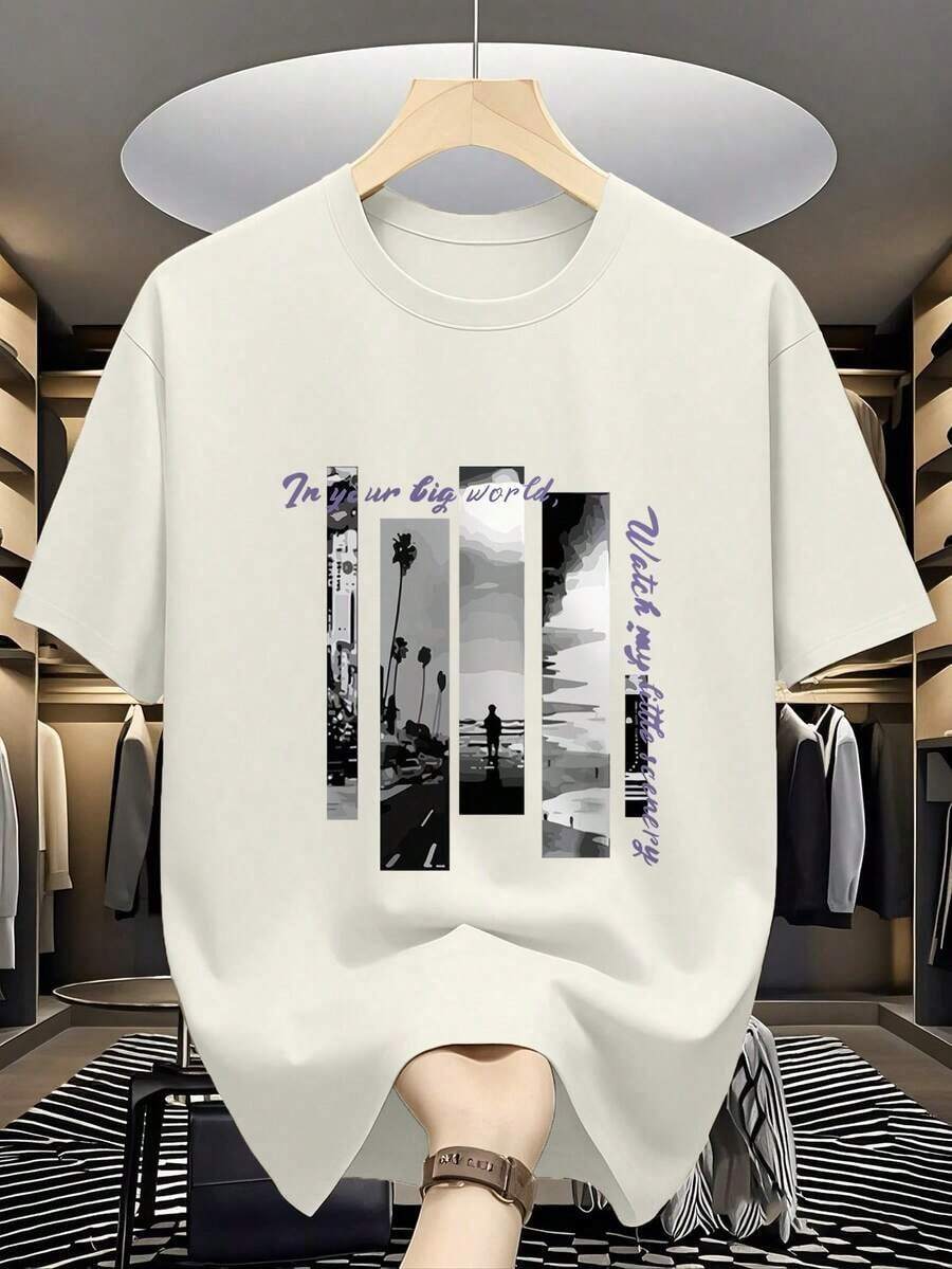 Men's Short Sleeve T-Shirt With Round Neck And Graphic Print, Suitable For Summer - Vintage Street Style, Unisex Loose Cotton T-Shirt With Round Neck And Short Sleeves. - 杏色 - 查看 1