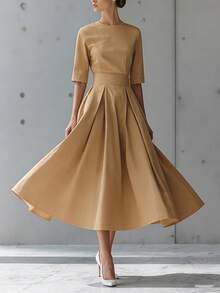 Elio Closet 女士夏季时尚休闲派对鸡尾酒会商务办公中袖A字连衣裙，适合派对、外出、通勤、社交场合、返校季、海滩度假等场合，优雅百搭。 - 卡其色 - 查看 4