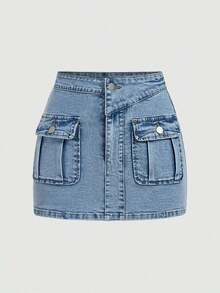 Minifalda de mezclilla cargo con bolsillo tipo flip de moda callejera casual de verano para mujeres - Azul 2 - Ver 1