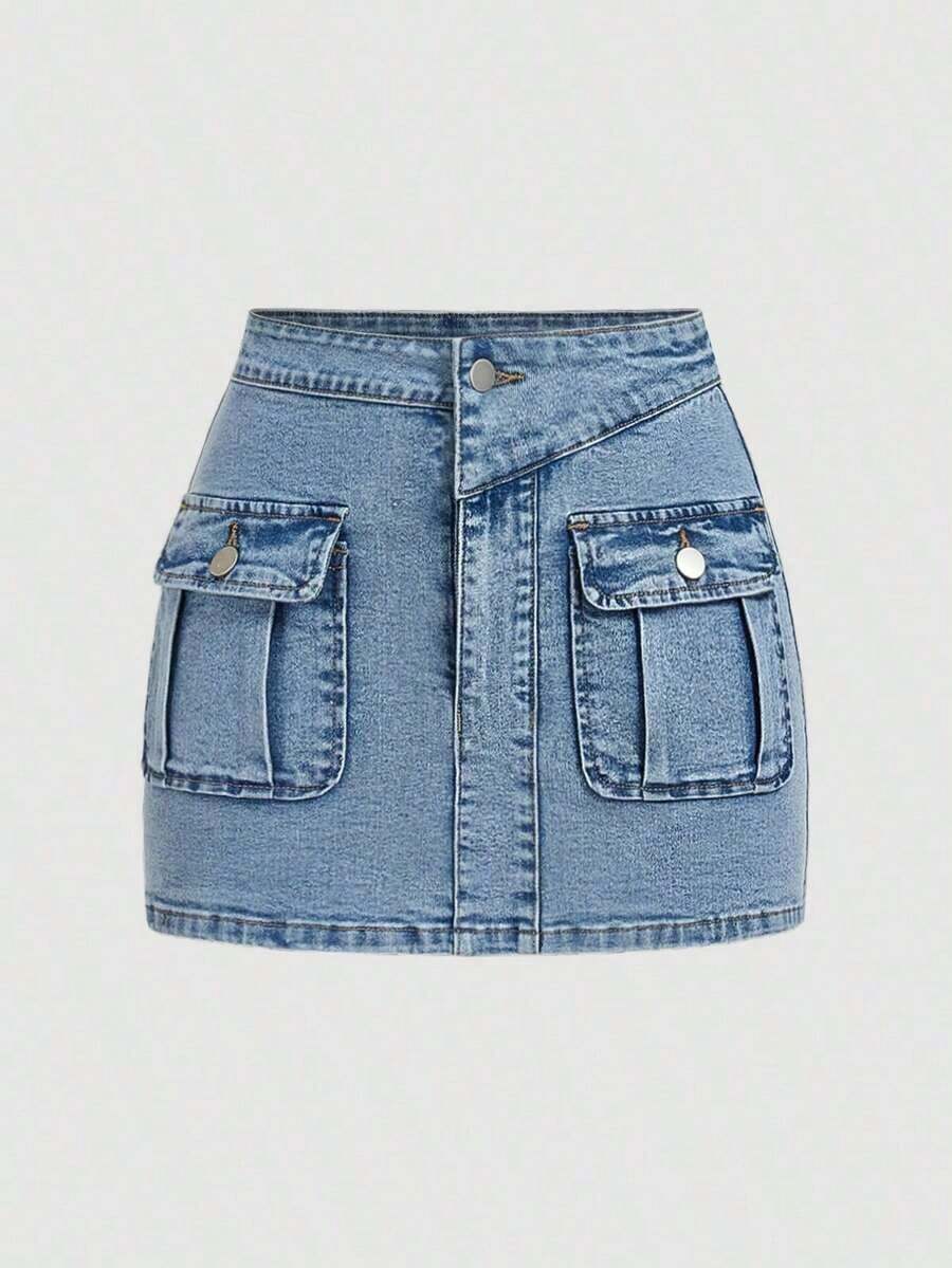 Minifalda de mezclilla cargo con bolsillo tipo flip de moda callejera casual de verano para mujeres - Azul 2 - Ver 1