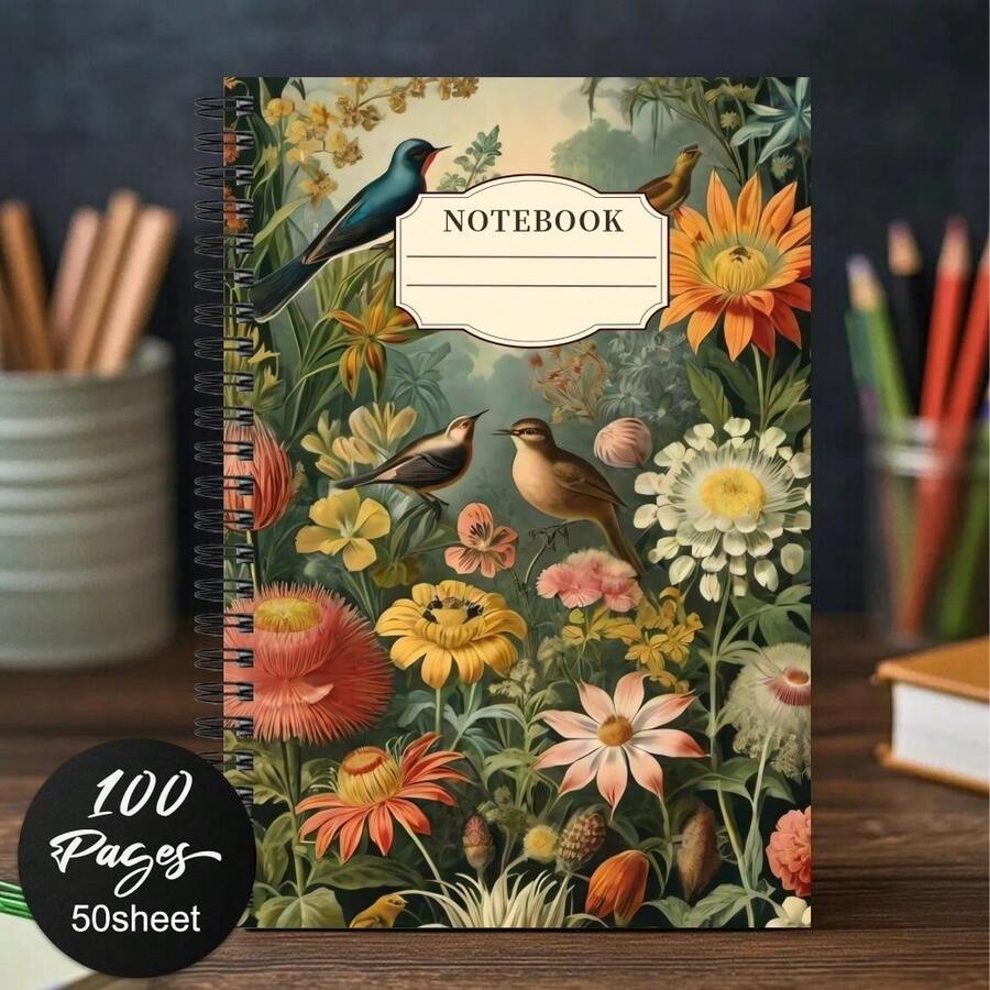 One Spiral Bound Notebook Decorated With Vibrant Floral And Bird Patterns, Suitable For Office, Study, Diary, Daily Lists, And Schedules, Makes A Great Gift For Friends And Colleagues
