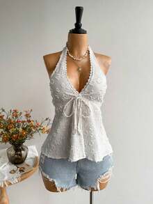 Conjunto de Playa Casual sin Espalda para Mujer, Estilo Bohemio, para Vacaciones, Festival de Música Hawaiana, Vacaciones Tropicales, Top Halter de Verano - Blanco - Ver 2