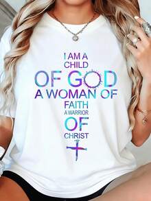 Classic Faith T-Shirt [1 Piece] Women's Christian Faith T-Shirt, Casual Short Sleeve Top With Colorful Letters And Thorn Cross Design, Soft Material, Machine Washable, Faith-Inspired Clothing, Inspirational Clothing, For Spiritual Women, Summer T-Shirt - 白色 - 查看 6