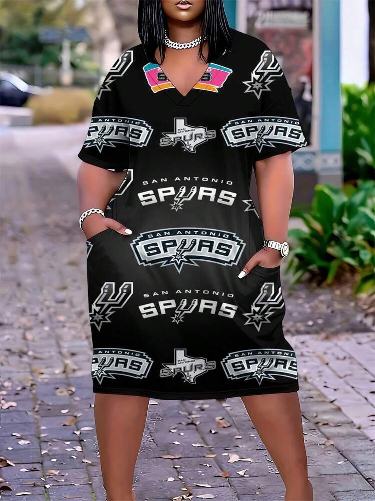 san antonio spurs jersey dress Women's Plus Size V-Neck T-Shirt With Pockets, Casual Short Sleeve Loose Fit Midi Dress For Daily & Streetwear ready-to-publish