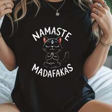 Camiseta de meditación para mujer - Estampado divertido de meditación y símbolos, eslogan de canto pícaro, camiseta casual de cuello redondo en blanco y para atuendo casual - Camiseta de primavera-verano con elasticidad media - Negro - Ver 1