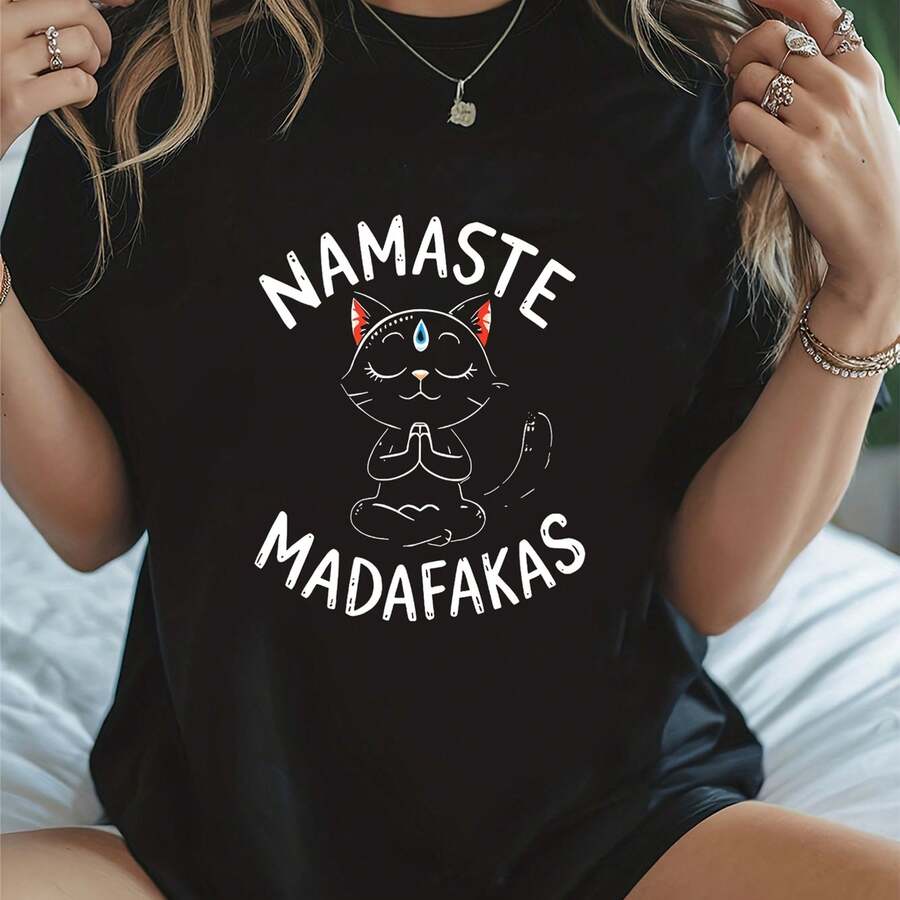 Camiseta de meditación para mujer - Estampado divertido de meditación y símbolos, eslogan de canto pícaro, camiseta casual de cuello redondo en blanco y para atuendo casual - Camiseta de primavera-verano con elasticidad media - Negro - Ver 1