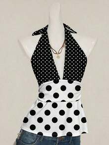 Top halter de estampado de rayas azul y blanco, elegante y versátil, adecuado para primavera/verano, cómodo para vacaciones de verano y playa para mujeres - Multicolor - Ver 4