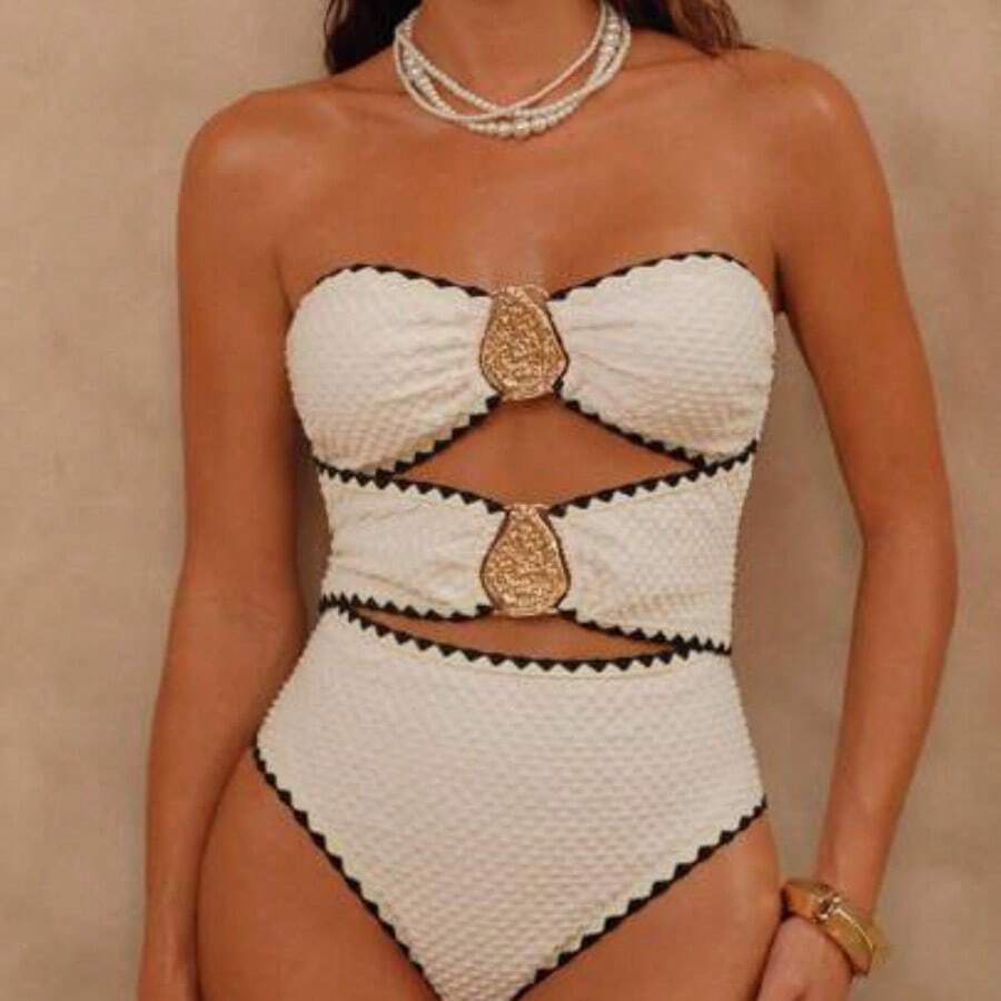 Swim Chicsea Women Swimsuit, Jacquard Fabric, Hollow-Out Splice Bandeau Design, Detachable Straps, Stylish & Elegant Sexy, Metal Accessories, Contrast Trim, One-Piece For Summer Beach Vacation - Beis - Ver 1