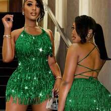 BamGlam New Autumn ,Fall And Winter Women's Fashion Sexy Spaghetti Strap Crisscross Back Tassel Decor Casual Jumpsuit,Christmas Party,New Years Eve,Birthday,Fashionable,Thanksgiving Outfif Women Going Out,Holiday - Verde - Ver 1