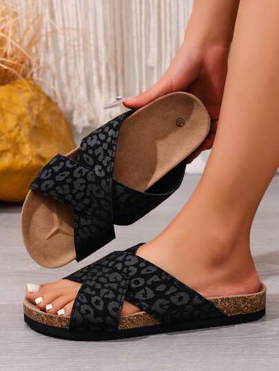 Sandalias de diapositiva con estampado de leopardo de estilo vintage nuevo para mujer en verano, con diseño de cruce y nudo retorcido en patrón de leopardo multicolor, suela suave antideslizante, cómoda para uso prolongado, adecuada para playa, viajes, parque, picnic, salidas diarias, compras, citas, fiestas, reuniones con amigos, té de la tarde, trayecto al trabajo, oficina, caminar, compras de comestibles, uso en interiores y exteriores