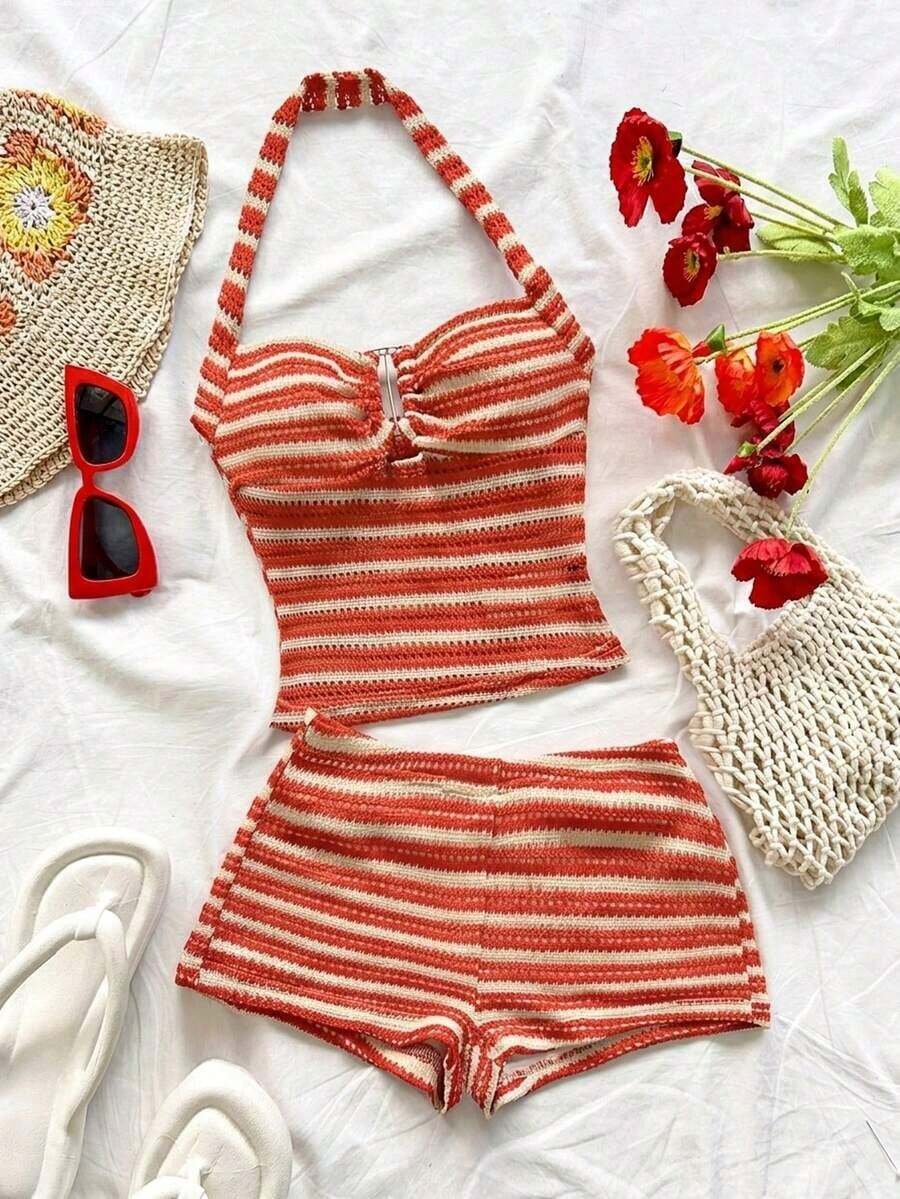 Conjunto Casual de 2 Piezas para Mujer: Top Halter a Rayas y Shorts para Vacaciones - Naranja - Ver 1