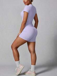 Conjunto deportivo de verano para mujer de unicolor simple con pantalón corto y manga corta - Morado - Ver 8