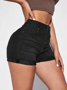 Shorts vaqueros casuales con bolsillos y puños para mujer - Negro - Ver 4