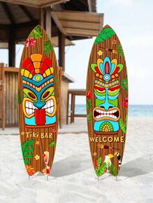 2pcs - Caveman Floor Decals, Hawaiian Totem Pole, Hawaiian Totem Statue Welcome Sign With Stand, Skateboard-Shaped Floor Plug-In Polynesian Surfboard Style - Upright Welcome Sign With Hawaiian Dancer And Palm Tree Pattern, Suitable For Beach Party Decor, Hawaiian Decor, Theme Party, Party Decoration, Home Decor, Photo Props - B - View 7