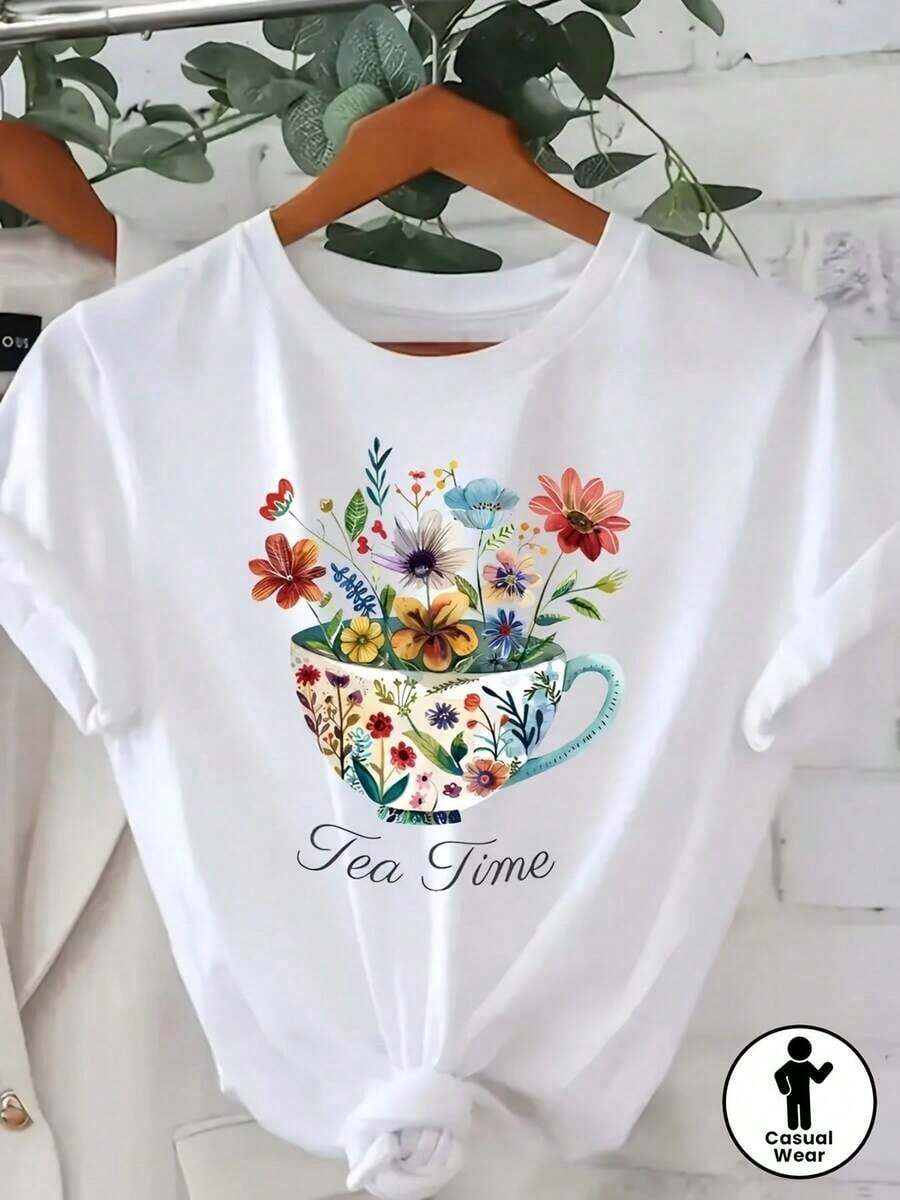 1 pieza de camiseta holgada con diseño vintage de fiesta de té británica para mujer - Con un vibrante estampado floral, esta camiseta cómoda y transpirable es perfecta para el uso diario y se puede lavar a máquina, lo que la hace ideal para reuniones informales. 180g 100% algodón. - Blanco - Ver 1