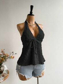 Conjunto de Playa Casual sin Espalda para Mujer, Estilo Bohemio, para Vacaciones, Festival de Música Hawaiana, Vacaciones Tropicales, Top Halter de Verano - Negro - Ver 6