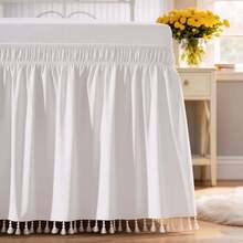 1pc Dorm Bed Skirt With Small Tassels, Adjustable Elastic Band Design, Suitable For Dorm Bedding Set, Customizable Heights: 32", 36", 42", 50" Adjustable Bed Skirt And Box Spring Cover. Soft, Durable, Wrinkle-Resistant Fabric - Made Of Premium Microfiber, Dustproof Pleated Style, Fade-Resistant, Machine Washable. - Small Tassel TwinXL 36" Drop - View 4