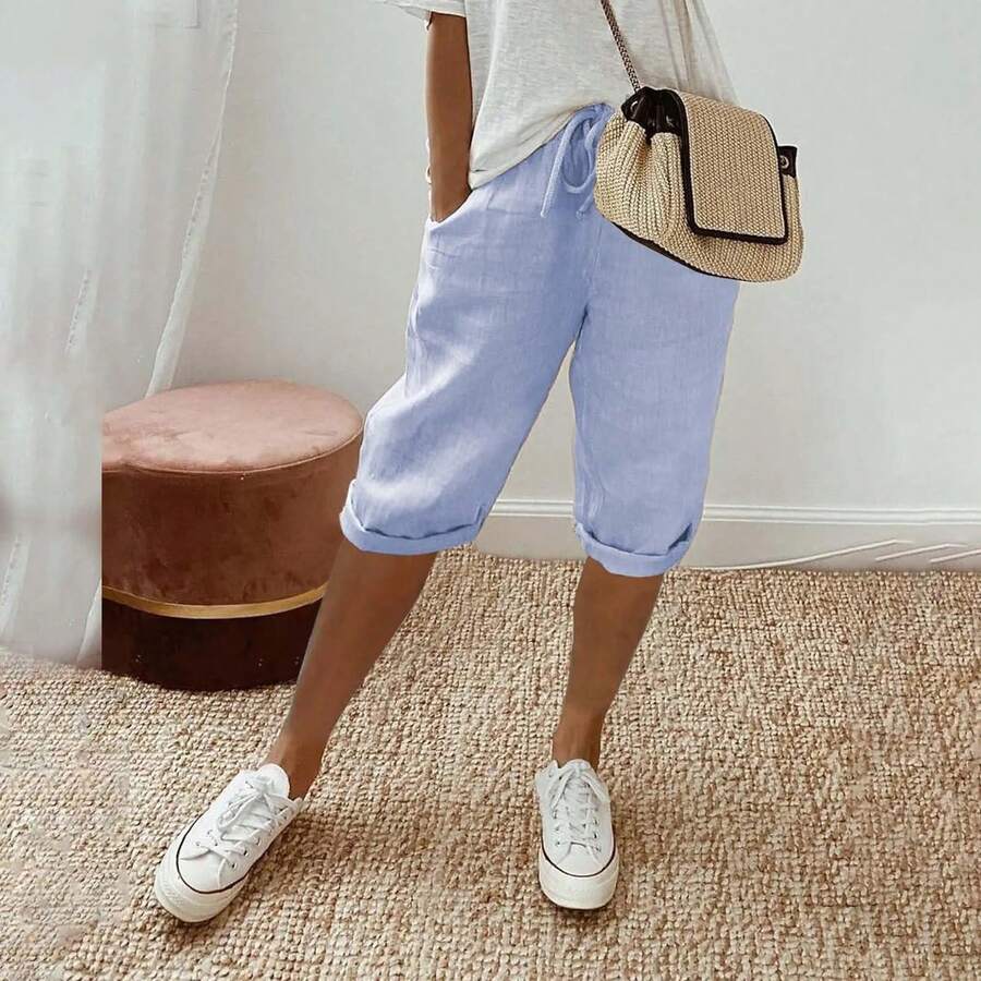 Pantalones cortos a rayas de contraste para mujer, pantalones hasta la rodilla con bolsillos, cintura elástica, cordón, transpirables, sueltos - Azul cielo - Ver 1