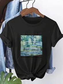 Camiseta unisex de manga corta con estampado de "El puente de los lirios acuáticos" de , con cuello redondo, lavable a máquina, cómoda, suave y transpirable, adecuada para primavera, verano y otoño.This Artistic, Vintage, Casualplayeras hombre,spiderman,, mujer,romwe men,boho chic,maestras regalos,camiseta para mujerconjuntos curvy para mu,y2k, - Negro - Ver 1