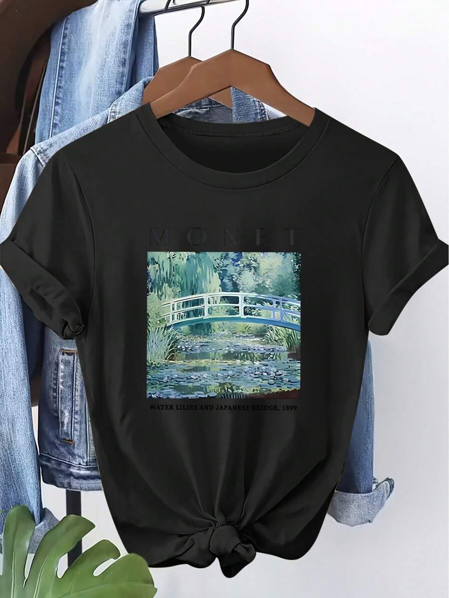 Camiseta unisex de manga corta con estampado de "El puente de los lirios acuáticos" de , con cuello redondo, lavable a máquina, cómoda, suave y transpirable, adecuada para primavera, verano y otoño.This Artistic, Vintage, Casualplayeras hombre,spiderman,, mujer,romwe men,boho chic,maestras regalos,camiseta para mujerconjuntos curvy para mu,y2k, - Negro - Ver 1