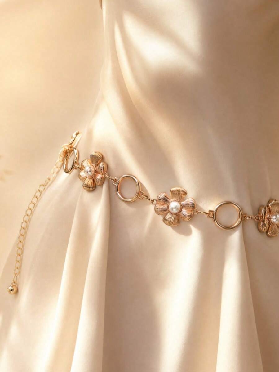 1 buc lanț de talie reglabil cu perle și flori aurii, lanț de corp cu incrustații florale și perle pentru femei, accesoriu retro de zi cu zi - Aurora Gold - Vizualizare 1