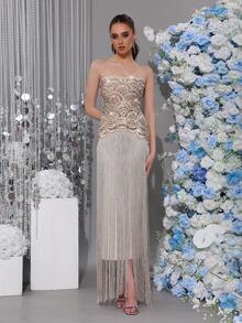 New Fashionable Sexy Heavily Fringed Rhinestone Spaghetti Strap Backless Dress, Elegant Ladies Wedding Guest Party Gown - Apricot - View 5