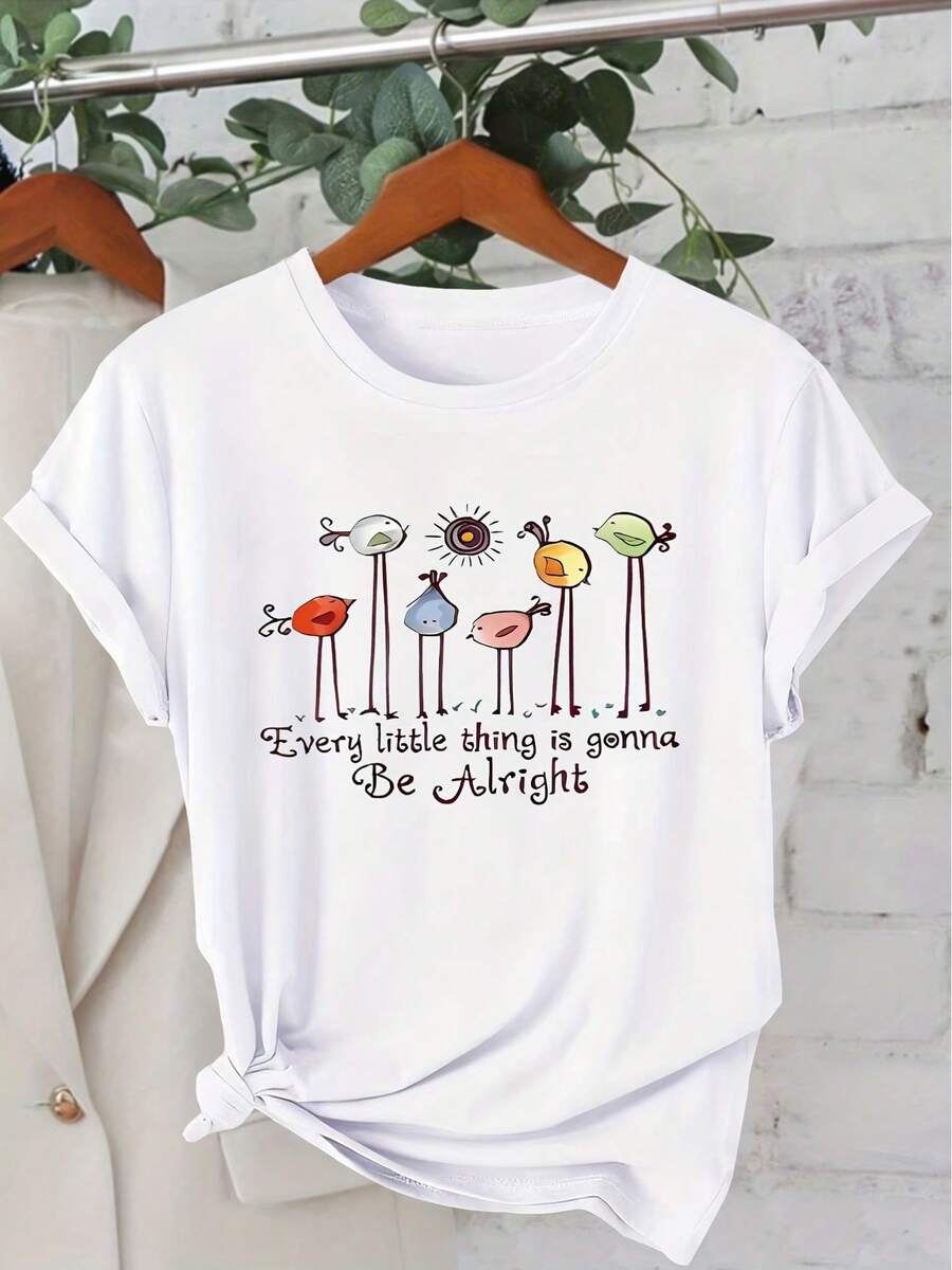 Women's Short-Sleeved Cotton T-Shirt With The Phrase 'Everything Will Be Alright', Featuring A Bird Print, Round Neck, Casual And Fashionable For Everyday Wear, Retro Style For Autumn And Winter, Suitable For Women, Available In Sizes S-XXL. - 白色 - 查看 1