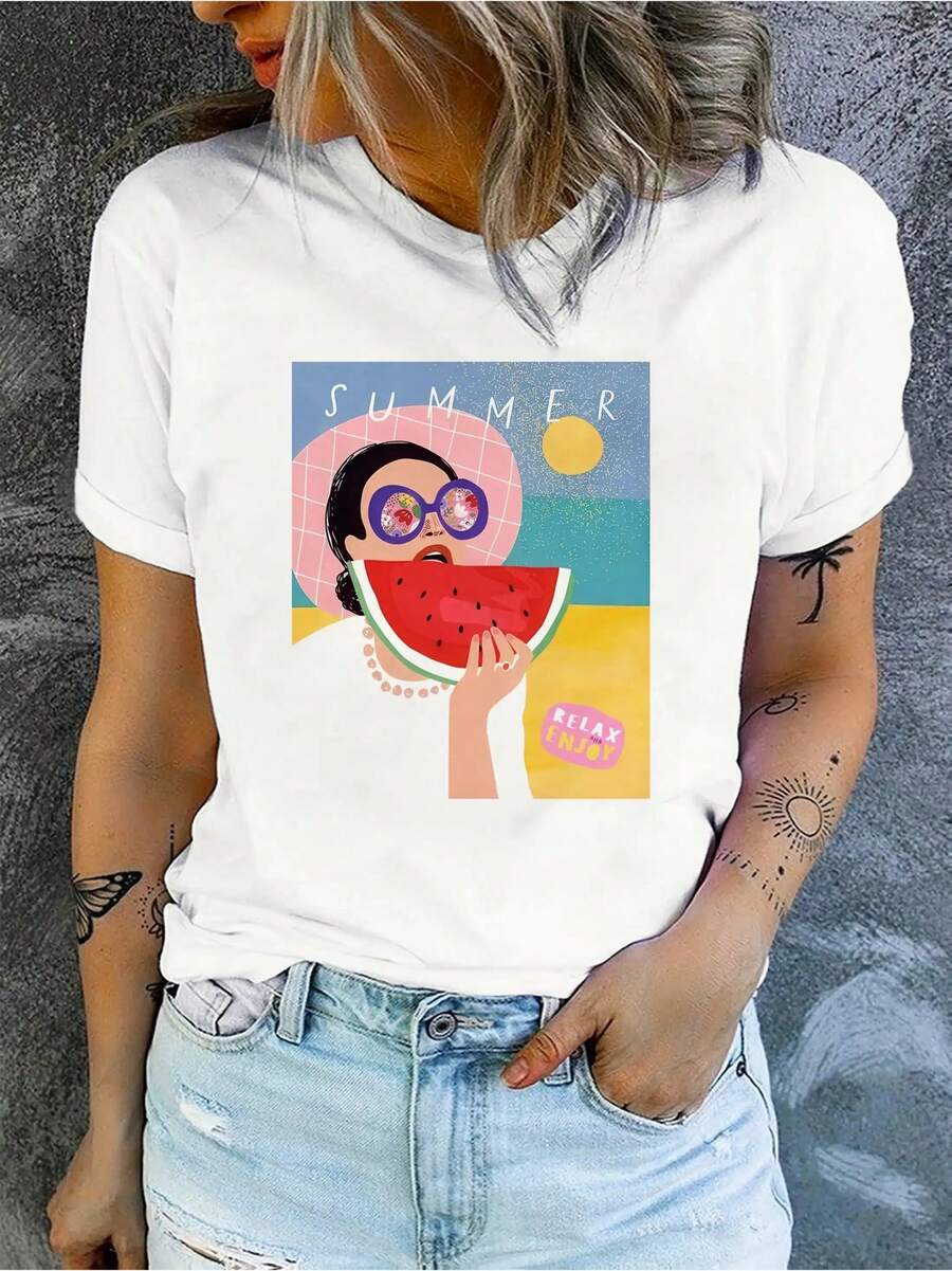 Camiseta de mujer, estilo mexicano de verano, camiseta blanca con estampado de sandía - Cómoda camiseta de manga corta con cuello redondo - Adecuada para vacaciones informales en la playa - Fácil de lavar, perfecta para el uso diario en verano. - Blanco - Ver 1