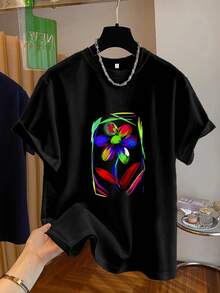 Camiseta suave 100% algodón para mujer, cómoda y con estampado gráfico - Estampado floral vibrante, manga corta, cuello redondo, top casual para todas las estaciones, negra con diseño de flores coloridas, perfecta para atuendos casuales, camiseta de uso diario. |   Camiseta con Diseño Vibrante |   Camiseta de Tela Suave, Camiseta de Algodón Transpirable, Combina con Todo, Fresca - Negro - Ver 6