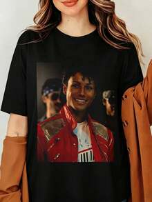 Red Jacket Portrait T-Shirt, Retro Pop Music Photo T-Shirt - Black - View 1