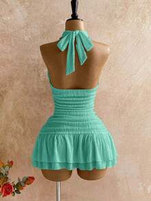 fsvsSoleia Vestido mini ajustado con cuello halter y detalle de retorcido en blanco, con accesorios metálicos, decoración de conchas, para playa y resort de vacaciones, atuendo de veranosdvs LAJH - verde menta - Ver 2