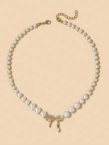 1 Stück elegante Schleife & Strass Dekor Perlen Choker Halskette, süß & zierlich Schmuck für Frauen, perfekt für Hochzeit, Party & Alltag - Beige - Übersicht 4
