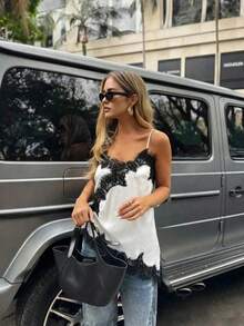 Camiseta de satén amarilla para mujer, top de tirantes sin mangas con cuello en V y encaje, elegante y sexy para uso casual, apropiado para uso diario, citas, oficina, brunch - Blanco - Ver 3